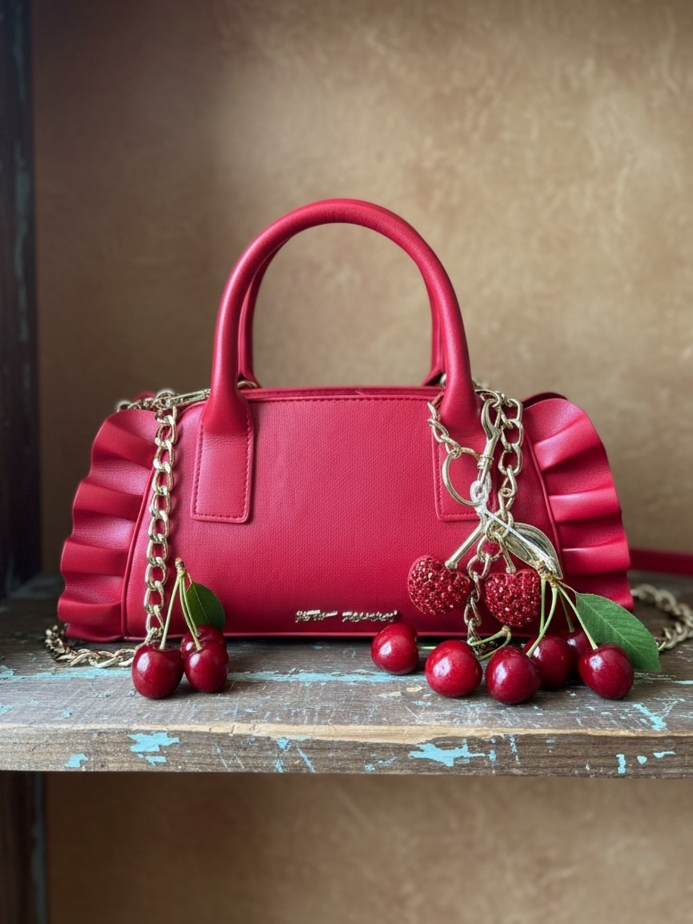 Betsey Johnson Red Ruffle-Trim Top-Handle Crossbody Bag with Cherry 🍒 Charm
New